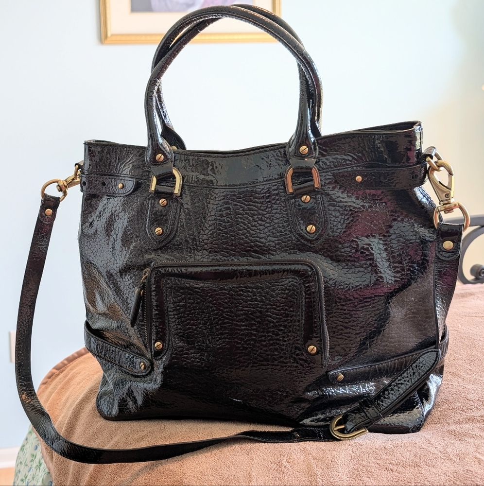 Cole Haan Black Patent Leather Large Tote Shoulder Bag Beautiful Condition